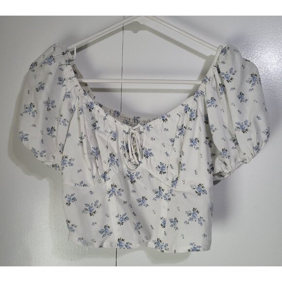 Hollister Tops - Hollister XS Puff Sleeve Mini Top Peasant Coquette White Blue Flowers Festival